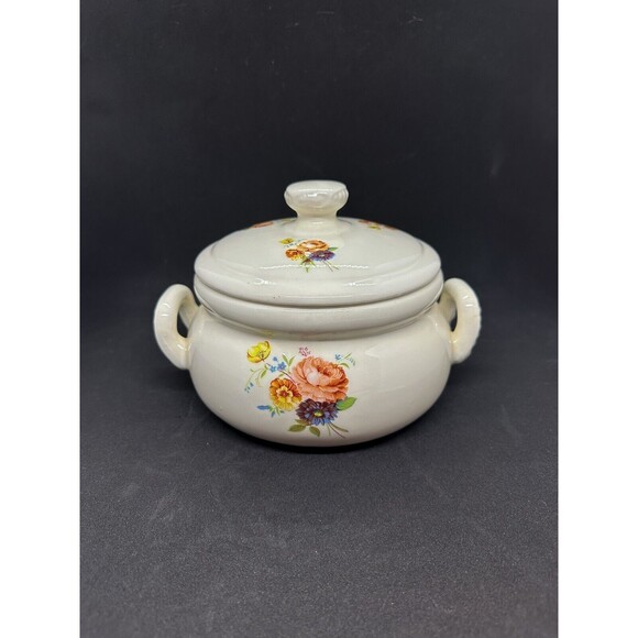 Vintage Handmade Ceramic Covered Casserole Serving Dish 1980s Lid Floral Flowers - Picture 3 of 13